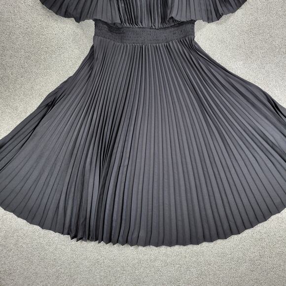 Express Pleated‎ Dress Womens S Black Silky Satin Puffy Sleeve Smock Waist Flowy - Picture 5 of 16